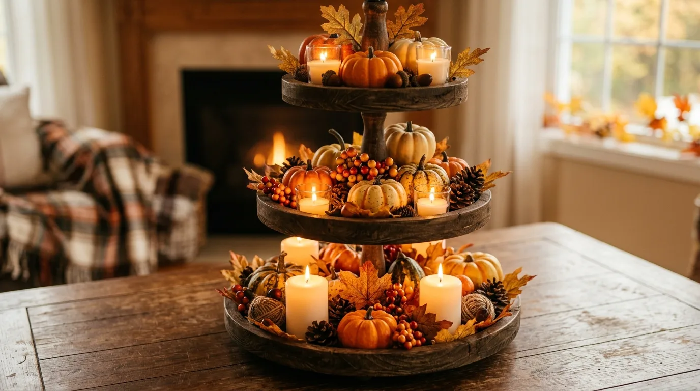Tiered tray with mini pumpkins and candles